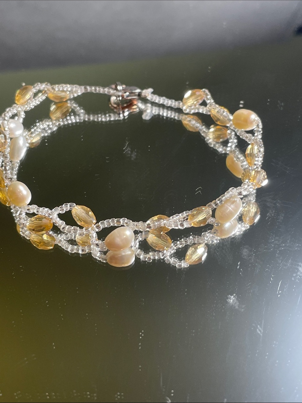 Handcrafted Golden Glass Beads and Real Pearl Beaded Women's Bracelet